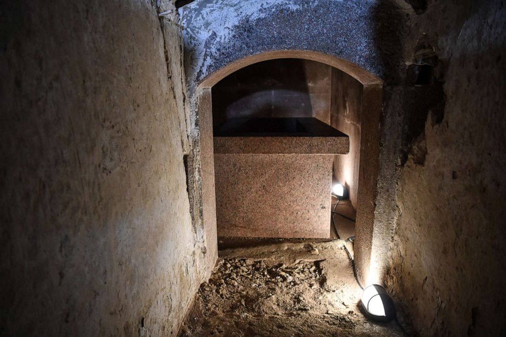 PHOTO: In this photo taken on June 28, 2019, a granite coffin is shown inside the pyramid of Senusret II, known as el-Lahun Pyramid, in Faiyum, Egypt.