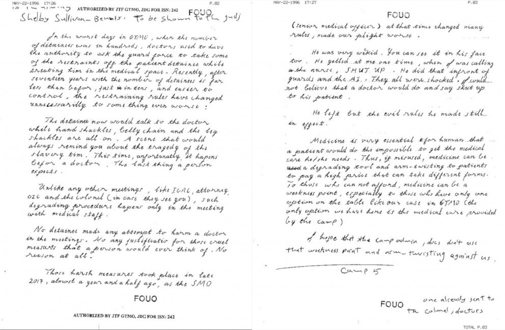 PHOTO: In a letter from June 2019 exclusively shared with ABC News, inmate Khaled Qassim alleges that additional restraints are now placed on Guantanamo Bay Prison detainees during medical visits, with no justification provided by the authorities.