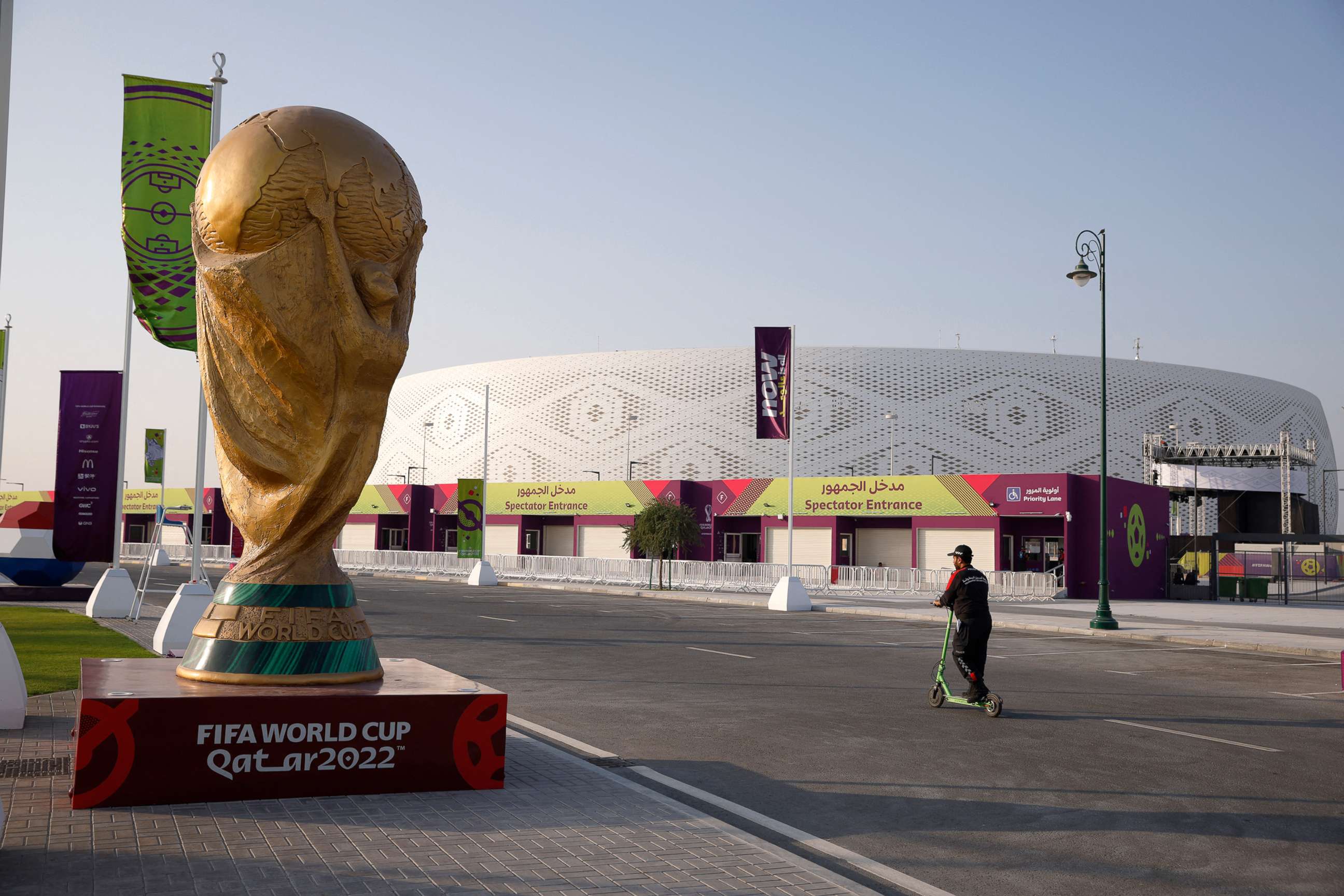 PHOTO: A replica World Cup trophy is shown outside the Al Thumama Stadium in Doha, Qatar, on Nov. 13, ahead of the FIFA World Cup football tournament.