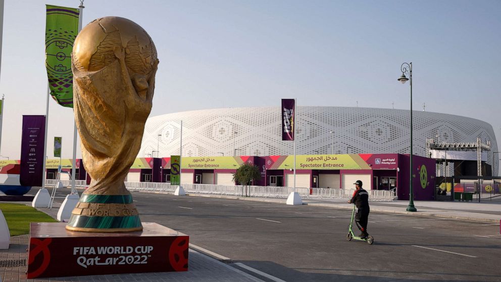 PHOTO: A replica World Cup trophy is shown outside the Al Thumama Stadium in Doha, Qatar, on Nov. 13, ahead of the FIFA World Cup football tournament.