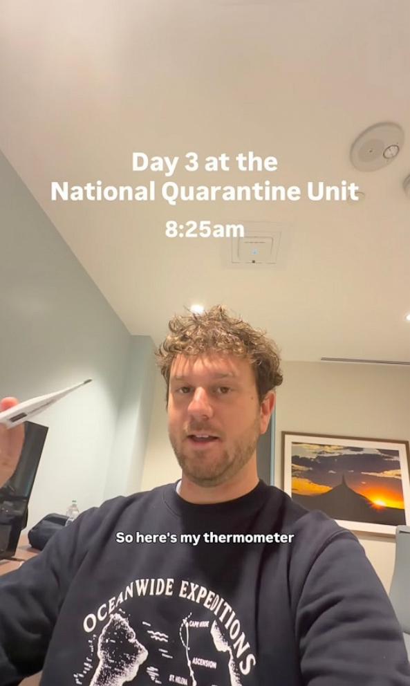 PHOTO: In this screen grab from a video posted to his Instagram account, Jake Rosmarin is shown on day 3 during his stay at the National Quarantine Unit.