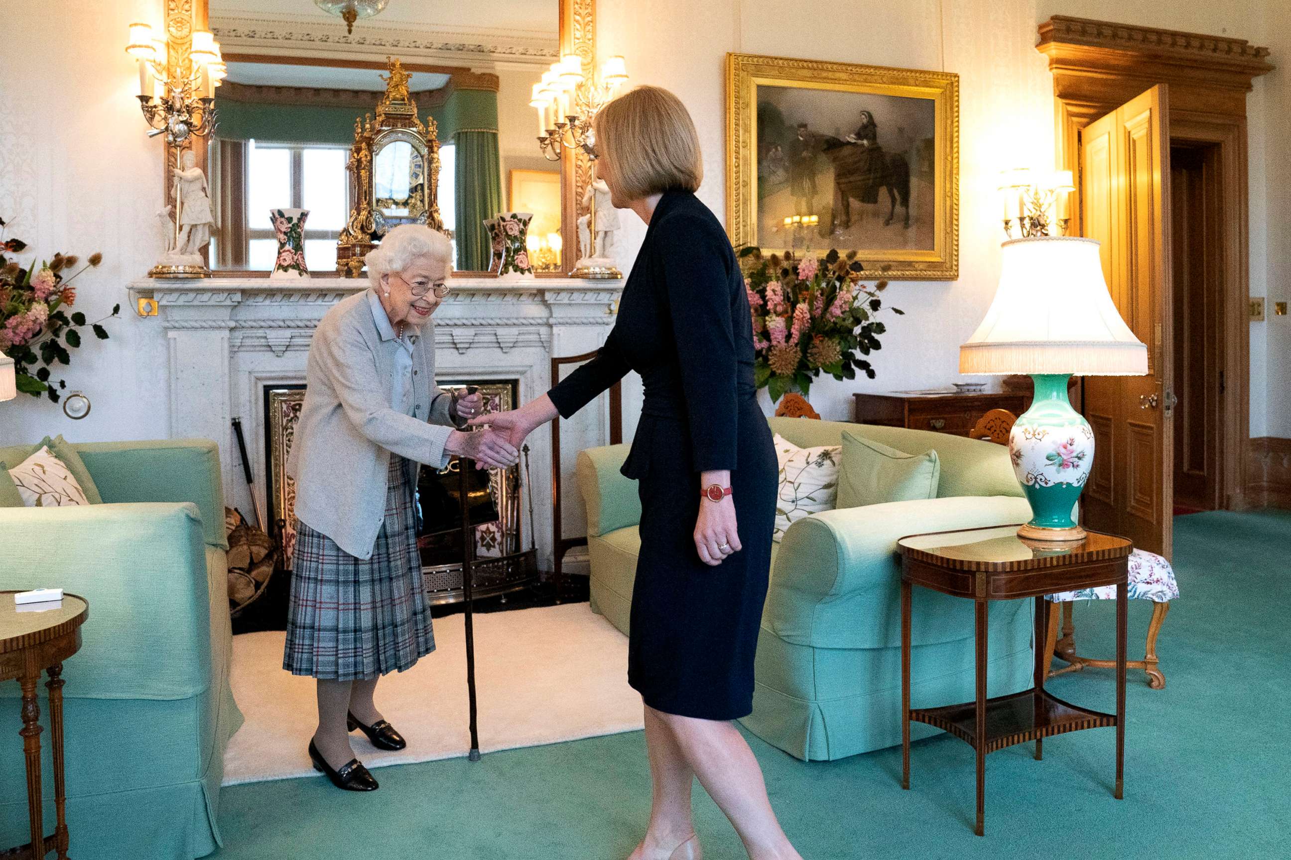 PHOTO: Queen Elizabeth II, left, welcomes Liz Truss during an audience at Balmoral, Scotland, where she invited the newly elected leader of the Conservative party to become Prime Minister and form a new government, Sept. 6, 2022.