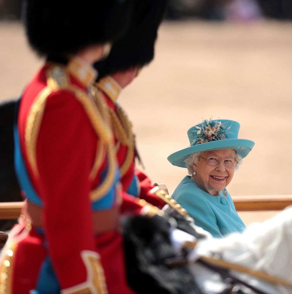 PHOTO: Queen Elizabeth II smiles at Prince William, Duke of Cambridge during Trooping The Color ceremony at The Royal Horseguards on June 9, 2018 in London.