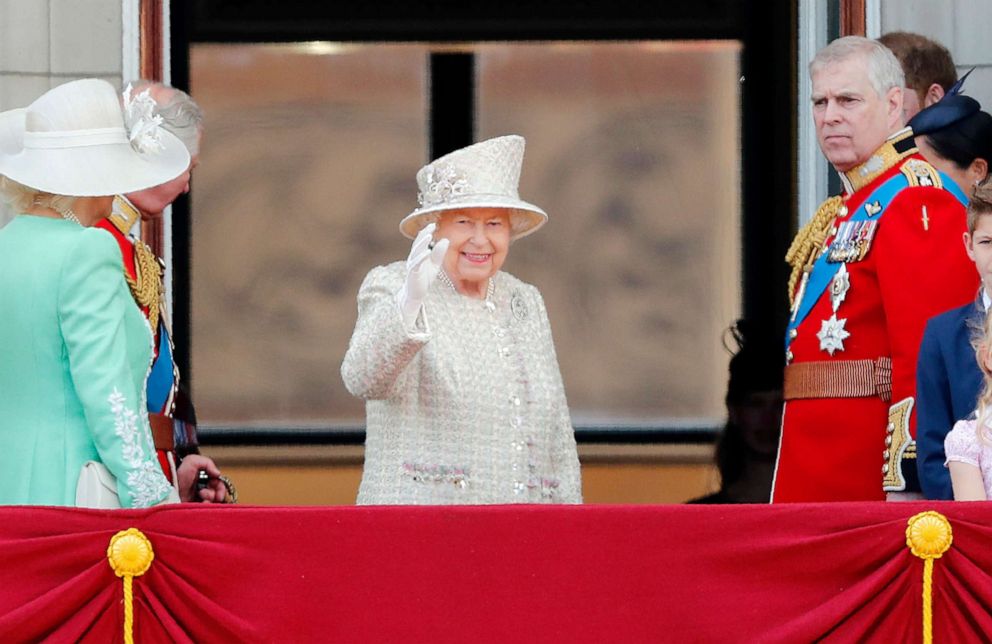 PHOTO: Britain's Queen Elizabeth, center, and members of the royal family attend the annual Trooping the Colour Ceremony in London, Saturday, June 8, 2019.