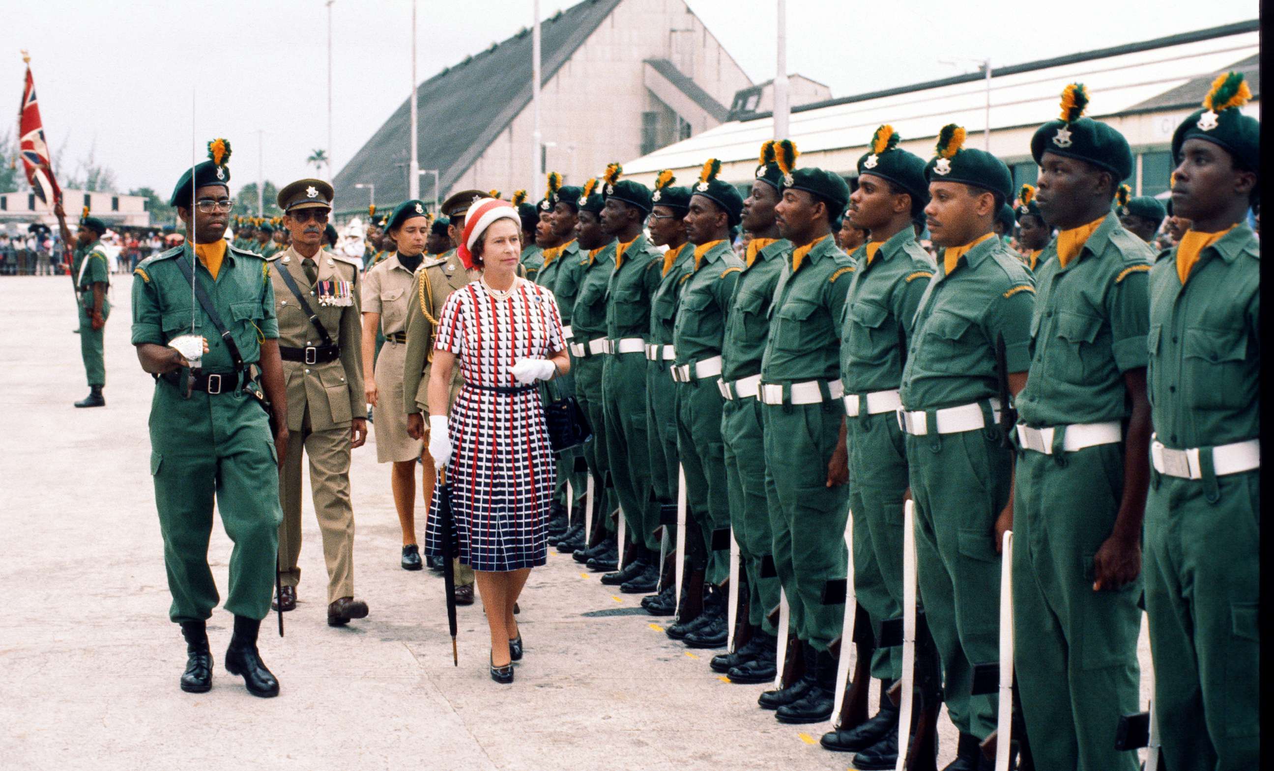 PHOTO: Queen Elizabeth ll inspects a guard of honour as she arrives in Barbados, Oct. 31, 1977.