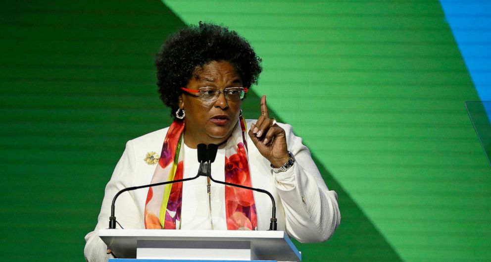 PHOTO: Barbados Prime Minister Mia Mottley speaks during the opening plenary of the Global Action Climate Summit in San Francisco, Sept. 13, 2018.