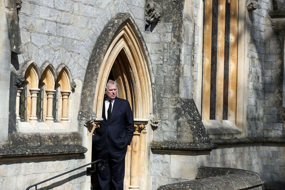 PHOTO: Britain's Prince Andrew, Duke of York, attends Sunday service at the Royal Chapel of All Saints, at Royal Lodge, in Windsor, April 11, 2021.
