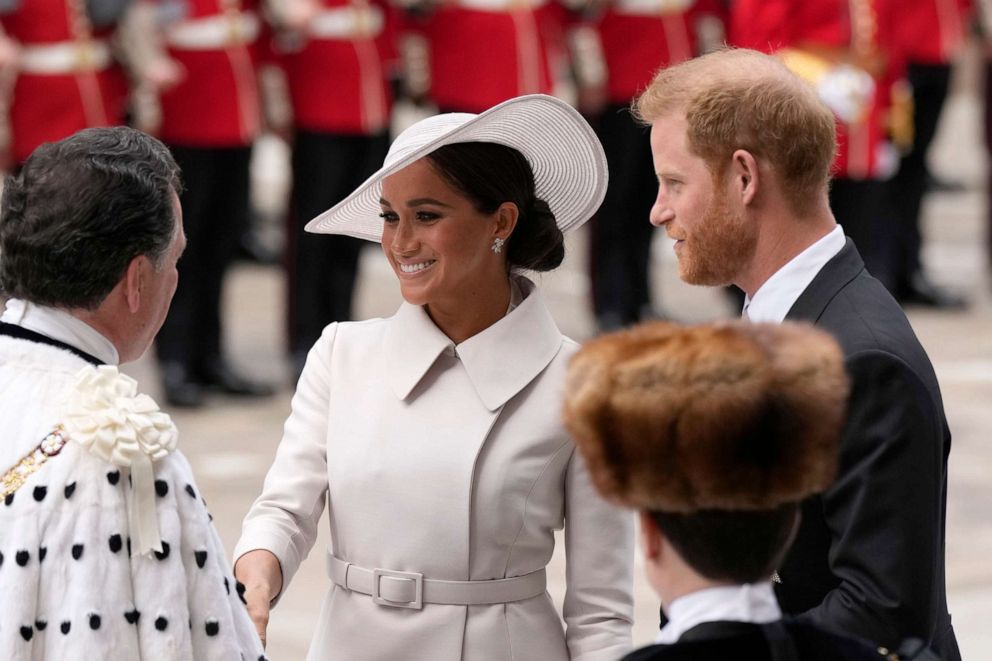 PHOTO: Britain's Prince Harry and Meghan, Duchess of Sussex, arrive for the National Service of Thanksgiving held at St Paul's Cathedral during the Queen's Platinum Jubilee celebrations in London, June 3, 2022.