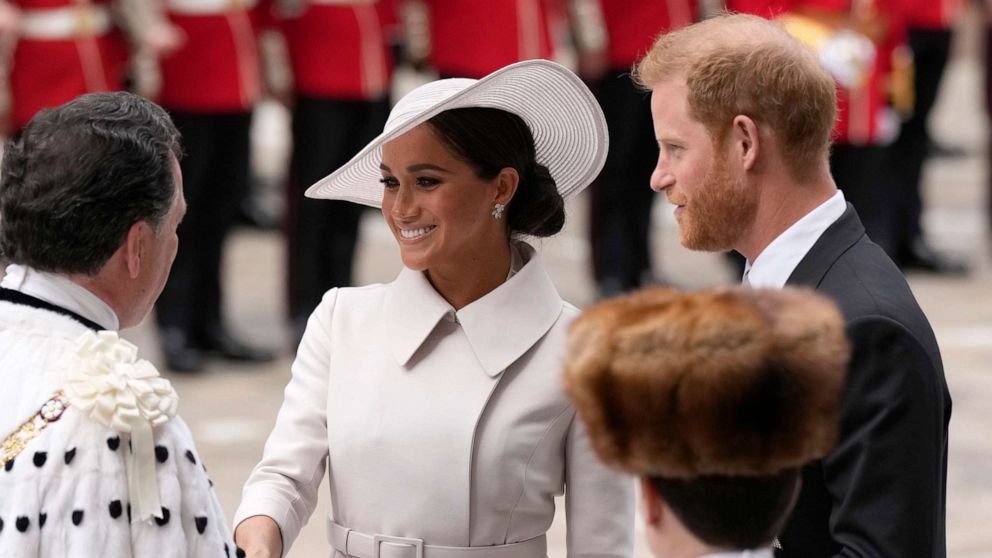PHOTO: Britain's Prince Harry and Meghan, Duchess of Sussex, arrive for the National Service of Thanksgiving held at St Paul's Cathedral during the Queen's Platinum Jubilee celebrations in London, June 3, 2022.