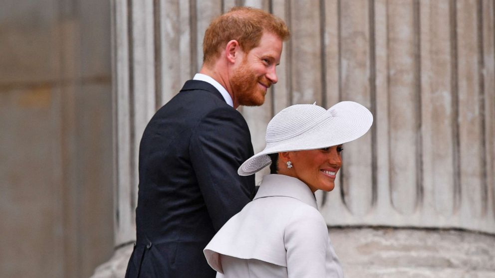 PHOTO: Britain's Prince Harry and Meghan, Duchess of Sussex, arrive for the National Service of Thanksgiving held at St Paul's Cathedral during the Queen's Platinum Jubilee celebrations in London, June 3, 2022.