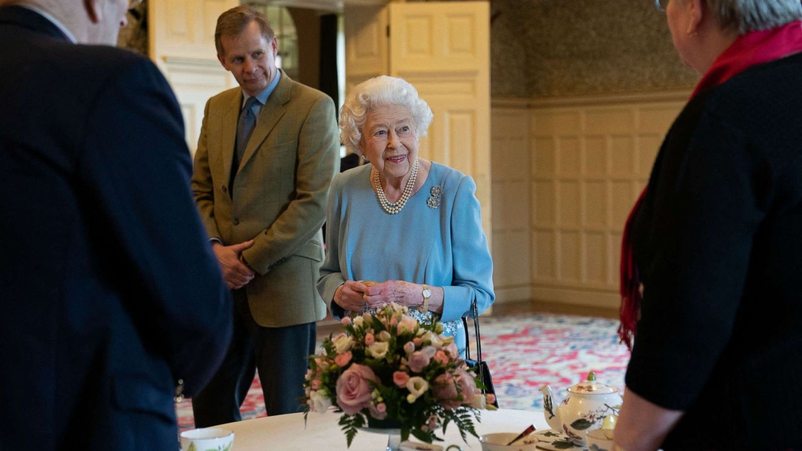 PHOTO: Britain's Queen Elizabeth II talks to pensioners from the Sandringham Estate during a reception in the Ballroom of Sandringham House, the Queen's Norfolk residence on Feb. 5, 2022, as she celebrates the start of the Platinum Jubilee.