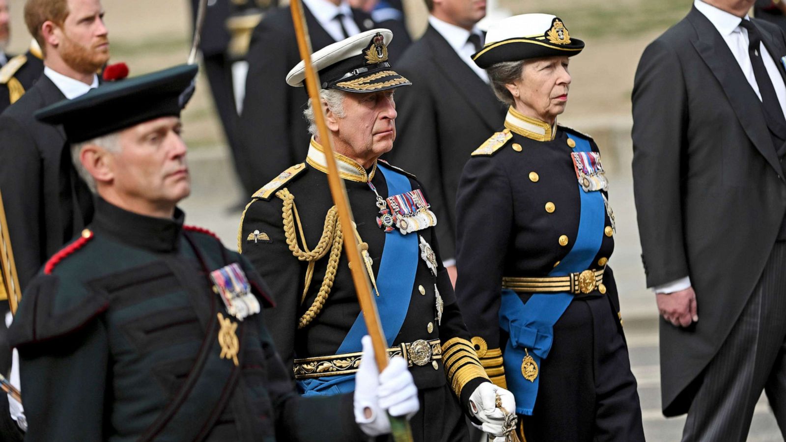 PHOTO: King Charles III and Princess Royal Anne follow the procession of the state funeral of Queen Elizabeth II, Sept. 19, 2022.