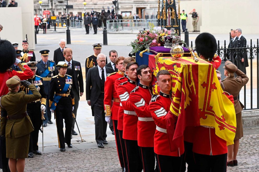 PHOTO: Princess Anne, Prince Harry, Prince Andrew and Peter Phillips walk behind the coffin Queen Elizabeth II for the funeral service of Queen Elizabeth II at Westminster Abbey in central London, Sept. 19, 2022.