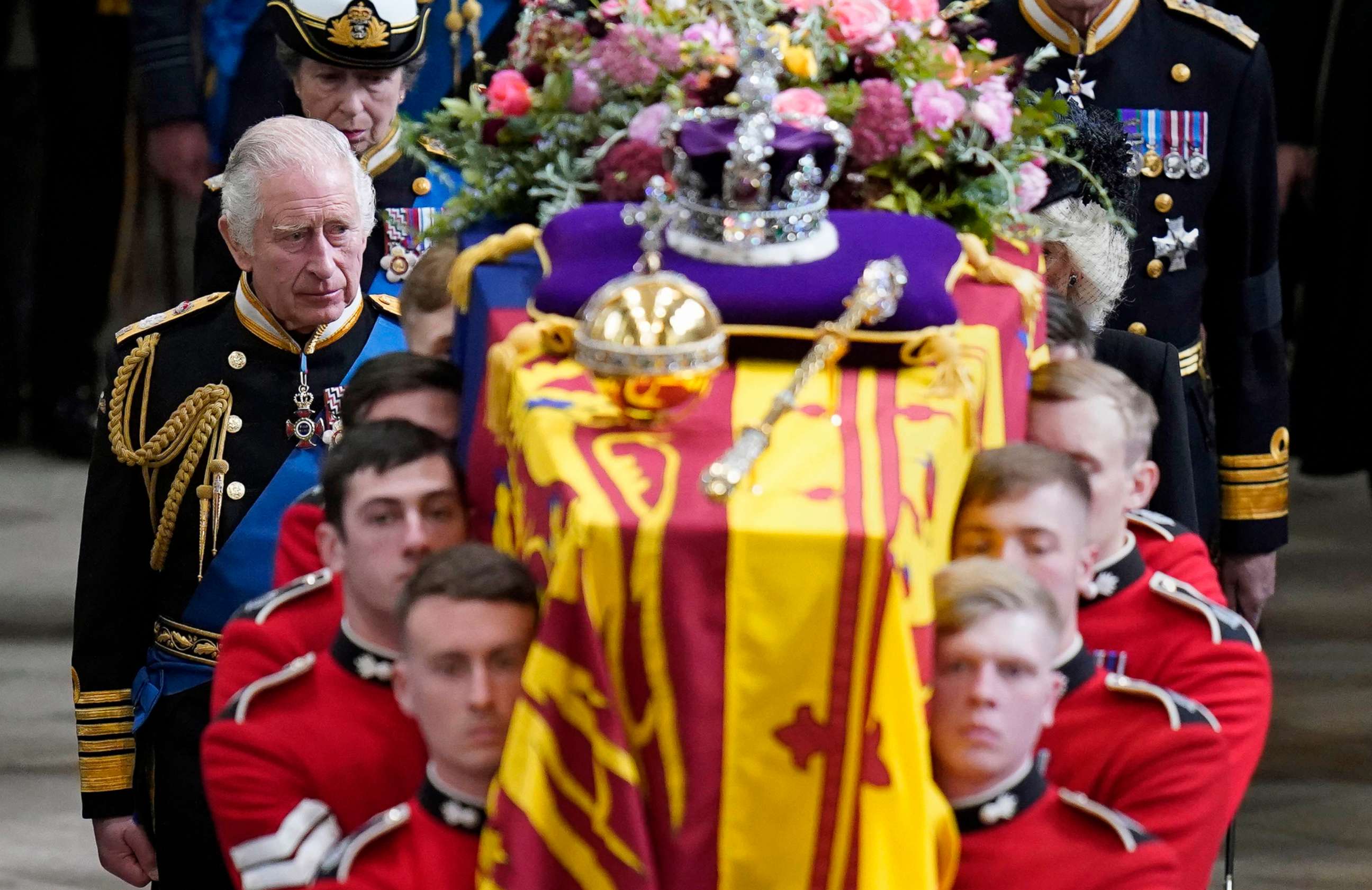 PHOTO: King Charles III and members of the Royal family follow behind the coffin of Queen Elizabeth II, as it is carried out of Westminster Abbey after her State Funeral, in London, Sept. 19, 2022.