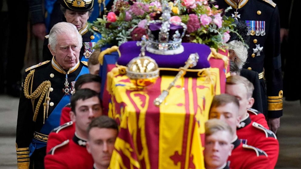 PHOTO: King Charles III and members of the Royal family follow behind the coffin of Queen Elizabeth II, as it is carried out of Westminster Abbey after her State Funeral, in London, Sept. 19, 2022.