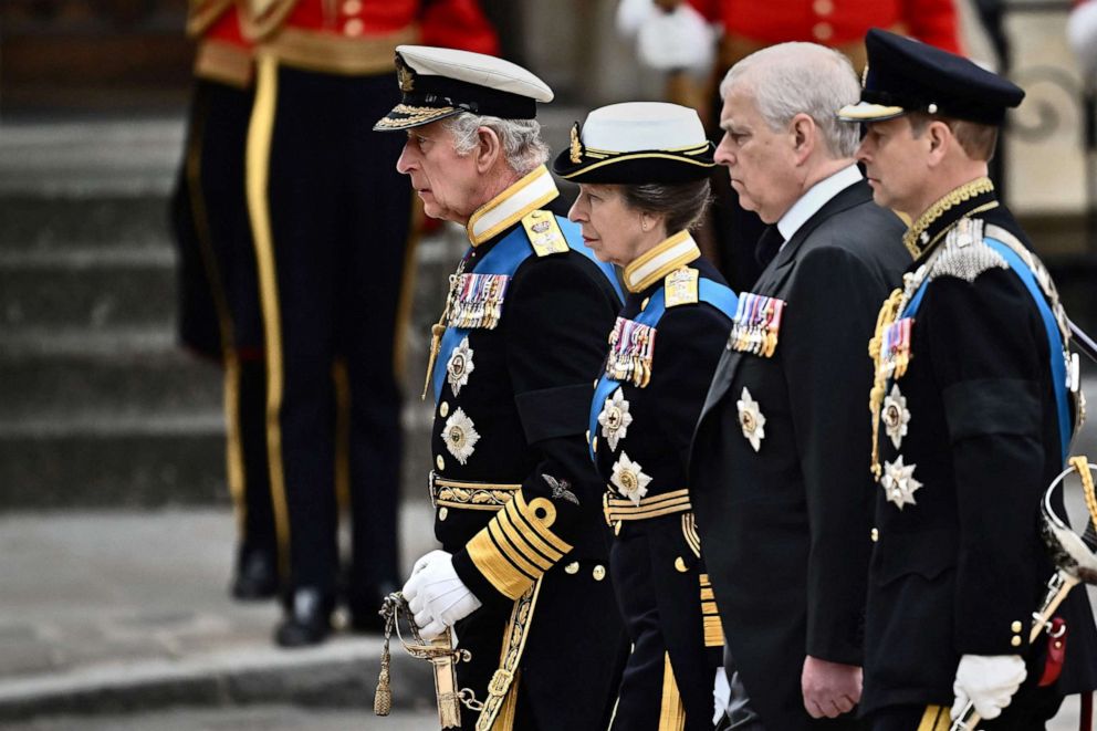 PHOTO: Britain's King Charles III, Britain's Princess Anne, Princess Royal, Britain's Prince Andrew, Duke of York and Britain's Prince Edward, Earl of Wessex arrive at Westminster Abbey in London, Sept. 19, 2022, for the funeral of Queen Elizabeth II.