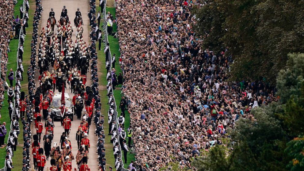 PHOTO: The Ceremonial Procession of the coffin of Queen Elizabeth II travels down the Long Walk as it arrives at Windsor Castle for the Committal Service at St George's Chapel, in Windsor, England, Sept. 19, 2022.