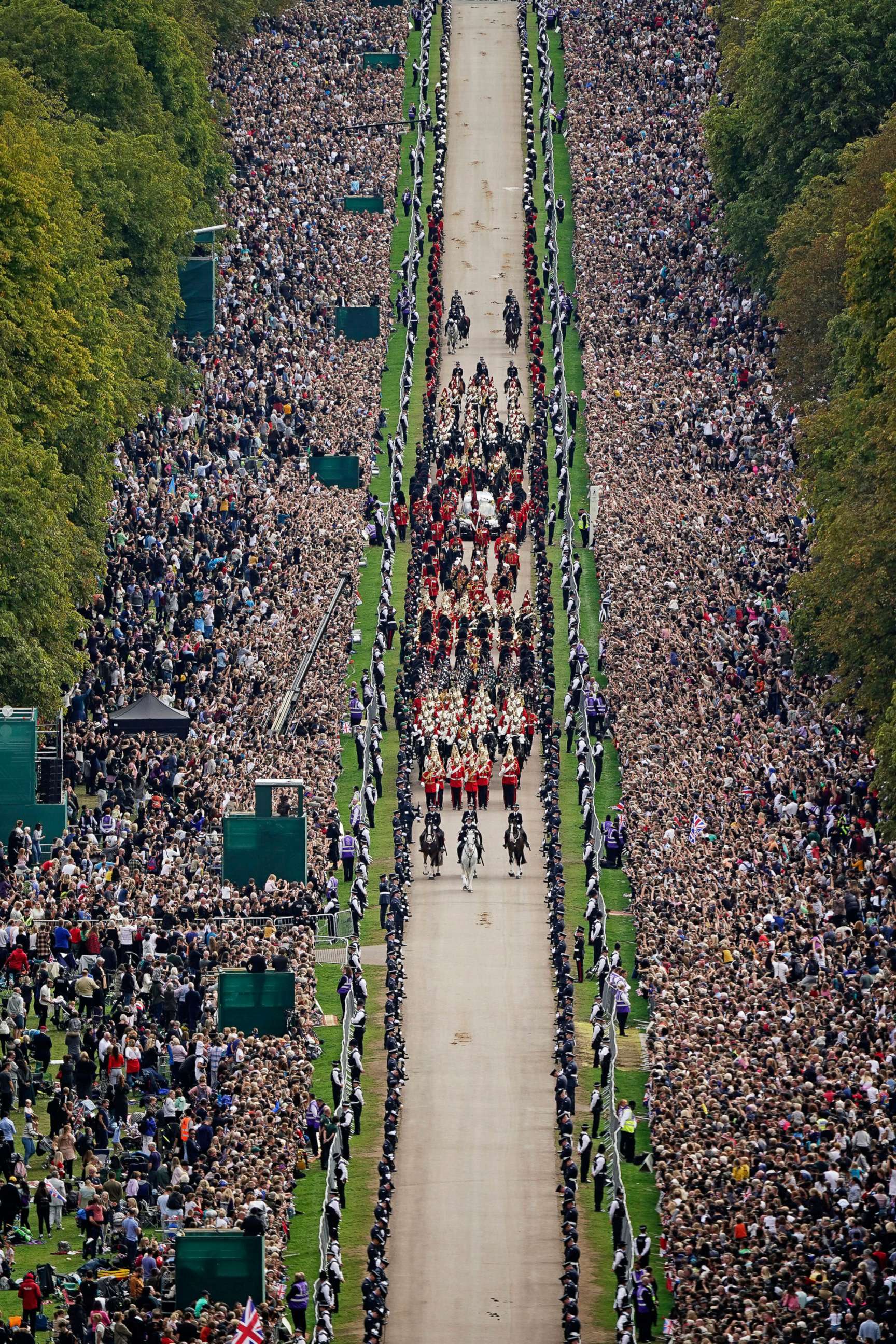 PHOTO: The Ceremonial Procession of the coffin of Queen Elizabeth II travels down the Long Walk as it arrives at Windsor Castle for the Committal Service at St. George's Chapel, in Windsor, England, Sept. 19, 2022. 