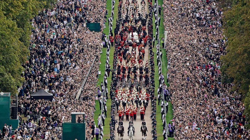 PHOTO: The Ceremonial Procession of the coffin of Queen Elizabeth II travels down the Long Walk as it arrives at Windsor Castle for the Committal Service at St. George's Chapel, in Windsor, England, Sept. 19, 2022. 