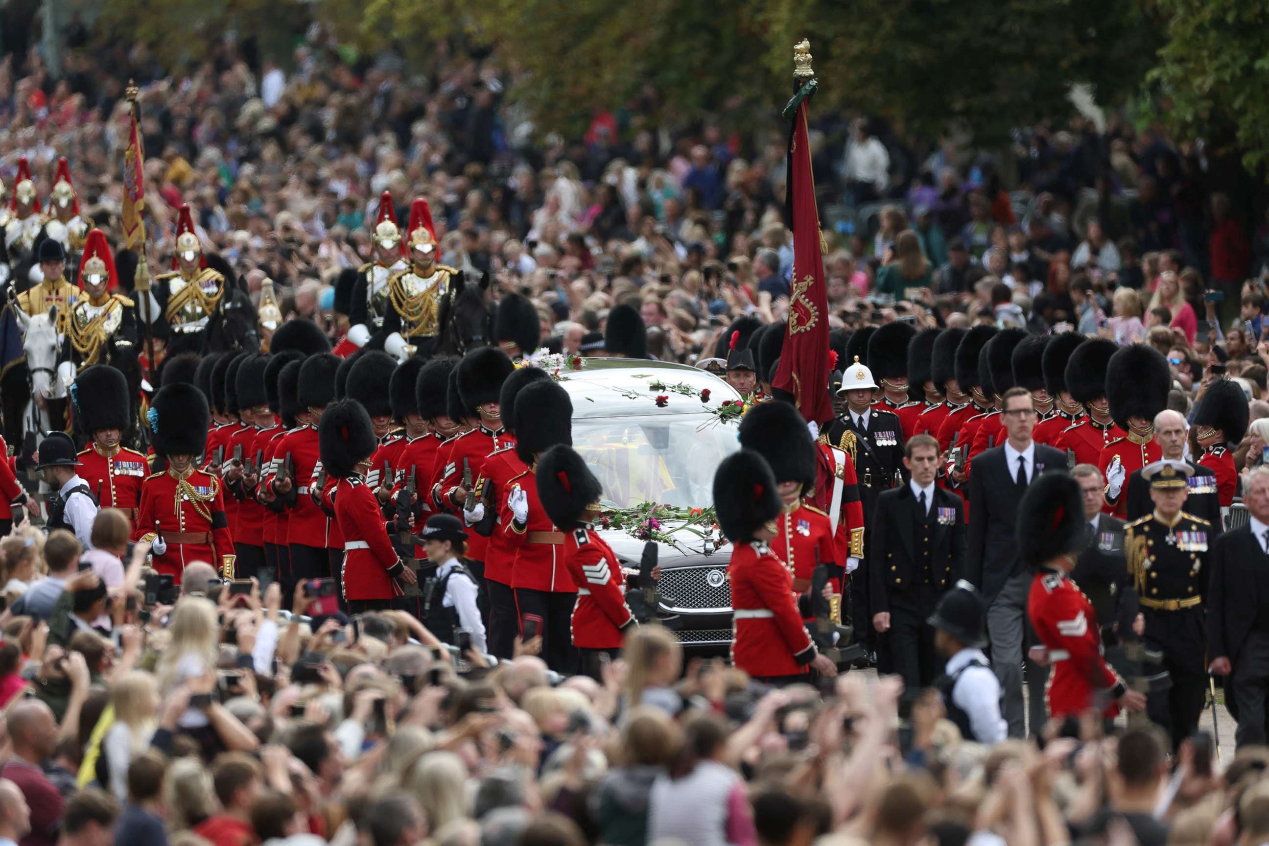 PHOTO: The hearse travels along the Long Walk as it makes its way to Windsor Castle, on the day of the state funeral and burial of Britain's Queen Elizabeth, in Windsor, Britain, Sept. 19, 2022.