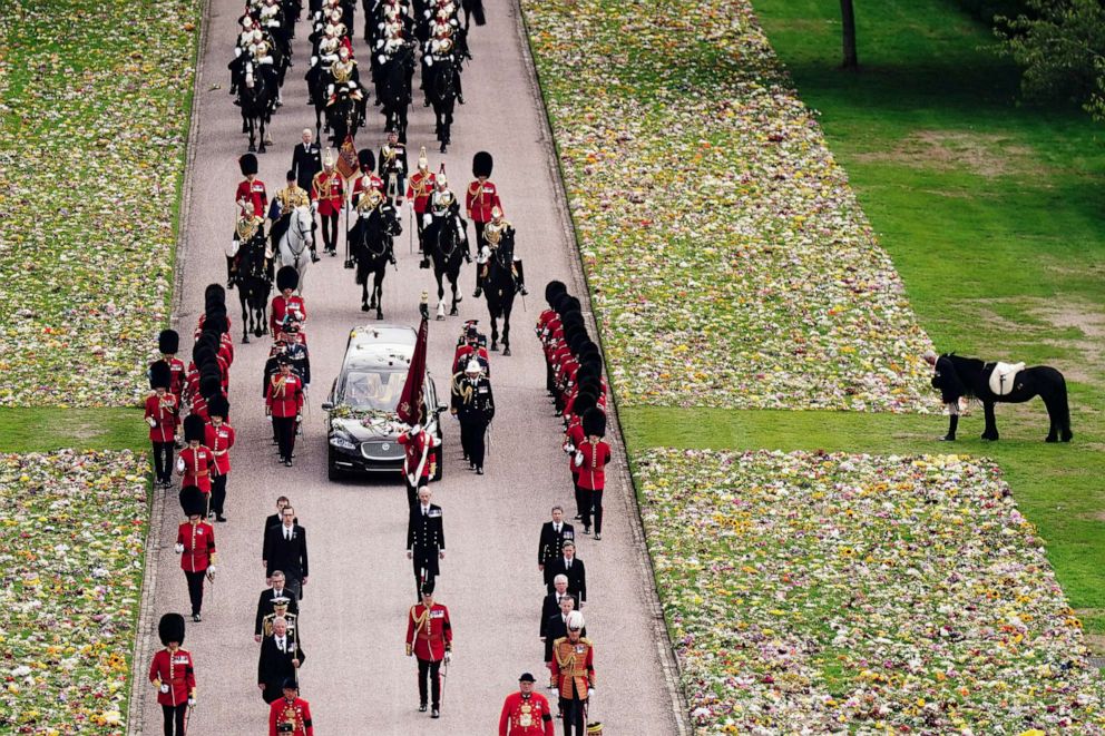 PHOTO: Emma, the monarch's fell pony, stands as the Ceremonial Procession of the coffin of Queen Elizabeth II arrives at Windsor Castle for the Committal Service at St. George's Chapel, in Windsor, England, Sept. 19, 2022.