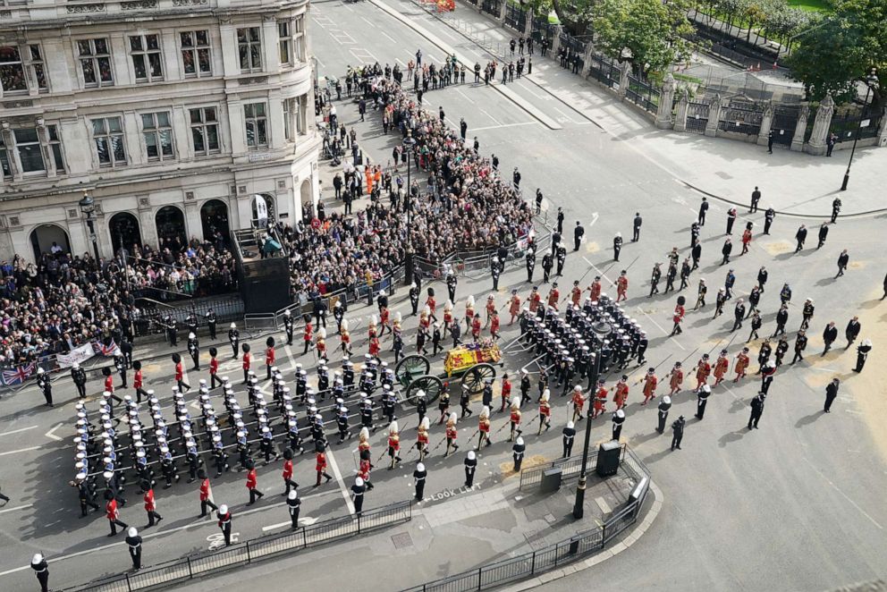 PHOTO: The State Gun Carriage carries the coffin of Queen Elizabeth II in the Ceremonial Procession following her State Funeral at Westminster Abbey, Sept. 19, 2022, in London. 