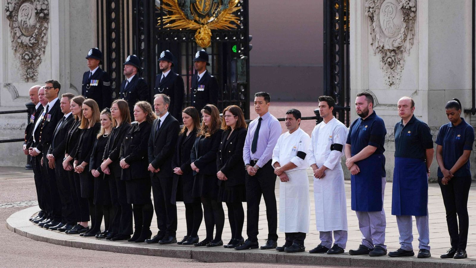 PHOTO: Members of Buckingham Palace household staff pay their respects during the State Funeral of Queen Elizabeth II, Sept. 19, 2022 in London.