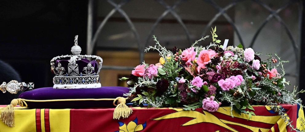 PHOTO: The coffin of Queen Elizabeth II, draped in the Royal Standard, is carried inside Westminster Abbey in London on Sept. 19, 2022, ahead of the State Funeral Service. Detail of the flowers.