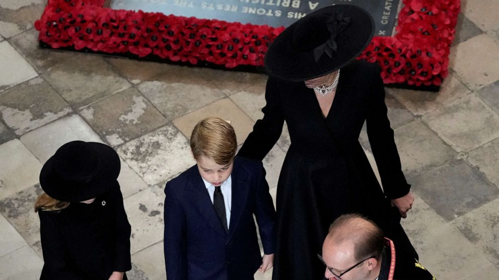PHOTO: Kate, Princess of Wales, right, Prince George, center, and Princess Charlotte, left, arrive for the State Funeral of Queen Elizabeth II at Westminster Abbey in central London, Sept. 19, 2022.