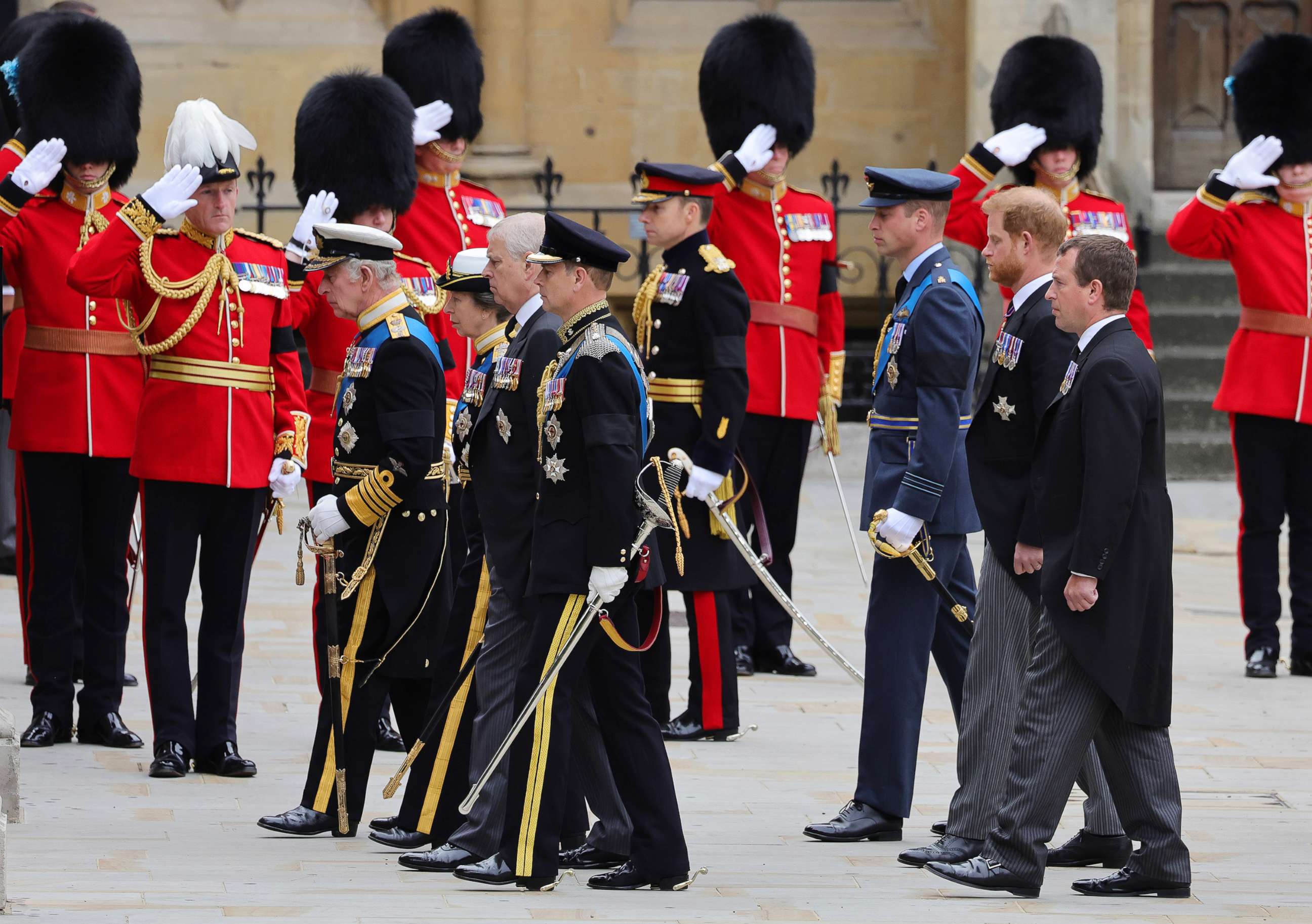 PHOTO: King Charles III, Anne, Princess Royal, Prince Andrew, Prince Edward, Prince William, Prince Harry, and Peter Phillips arrive at Westminster Abbey for the State Funeral of Queen Elizabeth II on Sept. 19, 2022 in London.