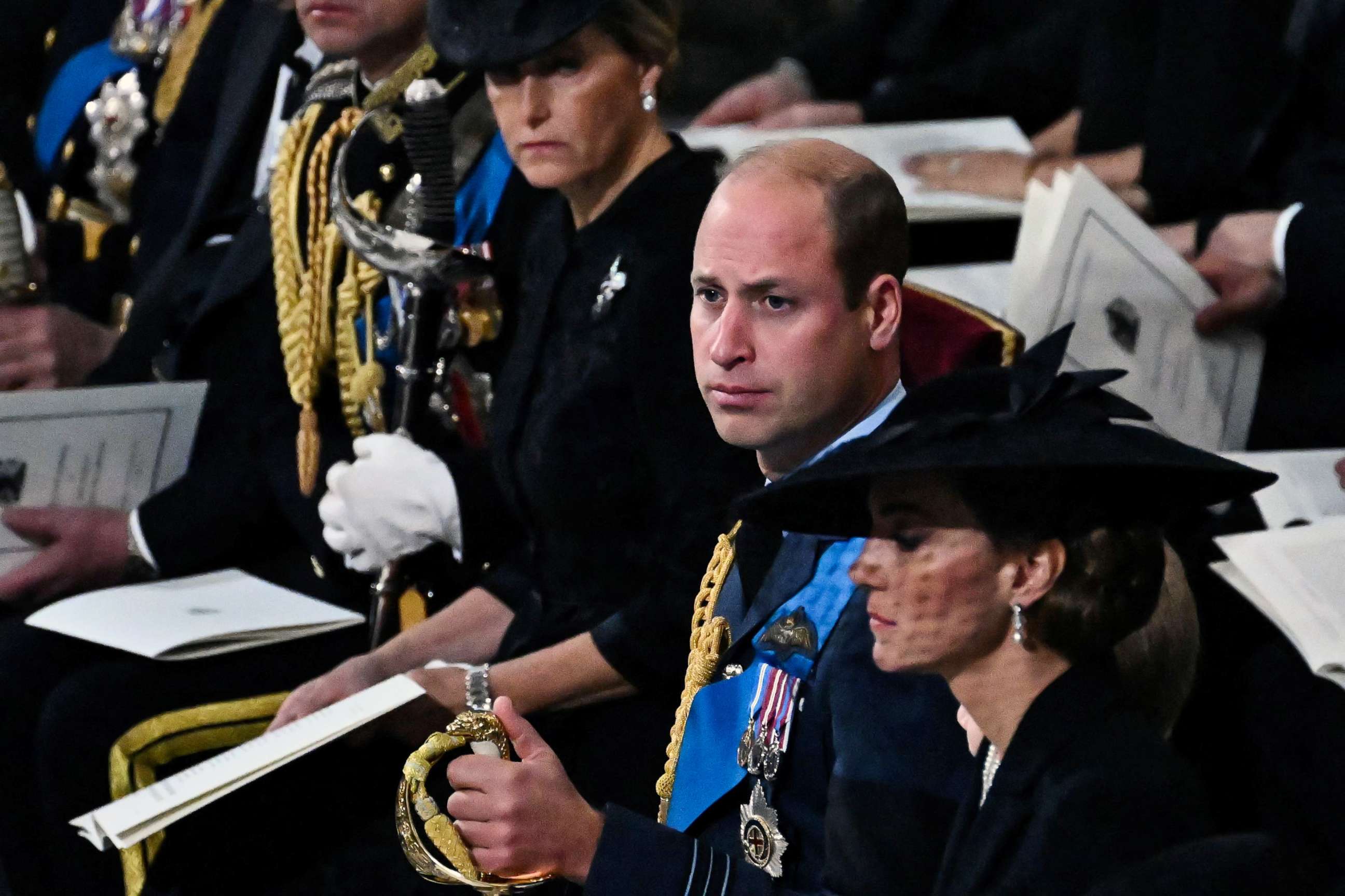 PHOTO: Prince William, Prince of Wales attends with Catherine, Princess of Wales and Britain's Sophie, Countess of Wessex the State Funeral Service for Britain's Queen Elizabeth II, at Westminster Abbey in London on Sept. 19, 2022.