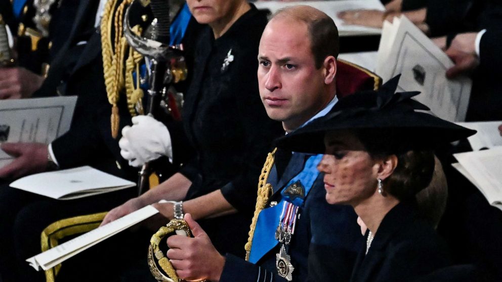 PHOTO: Prince William, Prince of Wales attends with Catherine, Princess of Wales and Britain's Sophie, Countess of Wessex the State Funeral Service for Britain's Queen Elizabeth II, at Westminster Abbey in London on Sept. 19, 2022.