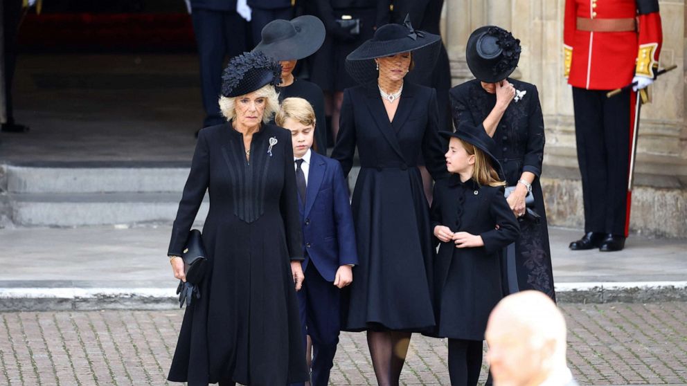 PHOTO: Camilla, Prince George, Princess Charlotte, Catherine, Princess of Wales, Meghan and Sophie, walk after a service at Westminster Abbey on the day of the state funeral and burial of Britain's Queen Elizabeth, in London, Sept. 19, 2022.