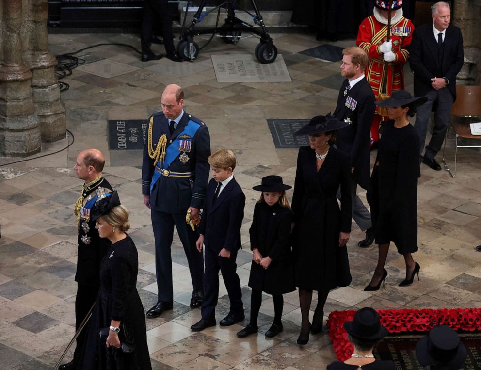 PHOTO: Prince William, Kate, Princess of Wales, Prince Harry, Meghan, Duchess of Sussex, Prince George and Princess Charlotte arrive for the funeral of Britain's Queen Elizabeth II, in London, Sept. 19, 2022.