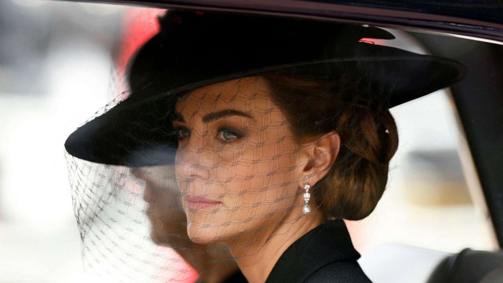 PHOTO: Catherine, Princess of Wales is seen in a car during the procession following the service, on the day of the state funeral and burial of Britain's Queen Elizabeth, in London, Sept. 19, 2022.