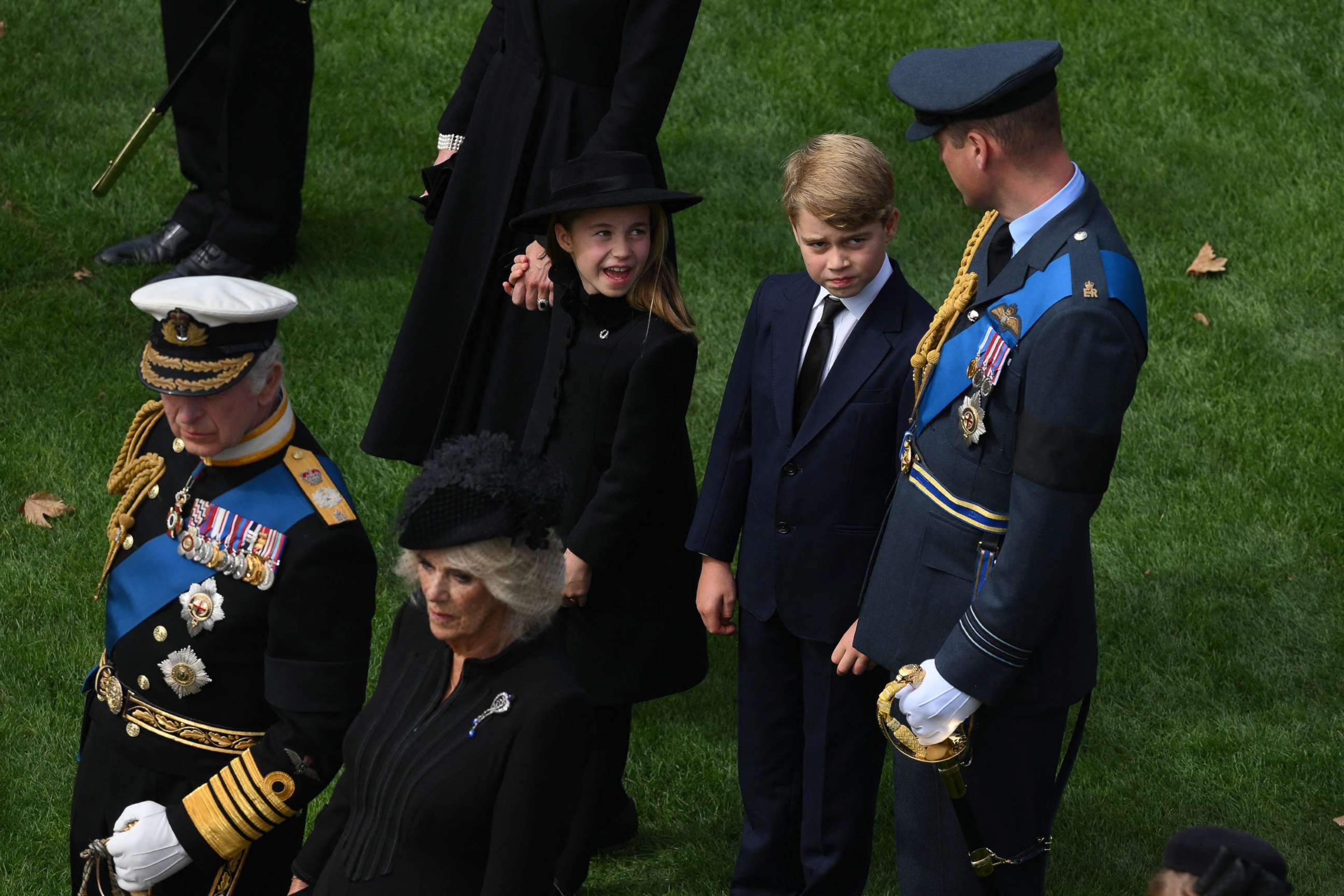 PHOTO: The royal family watches the Bearer Party transferring the coffin of Queen Elizabeth II, draped in the Royal Standard, form the State Gun Carriage of the Royal Navy into the State Hearse at Wellington Arch in London, Sept. 19, 2022.