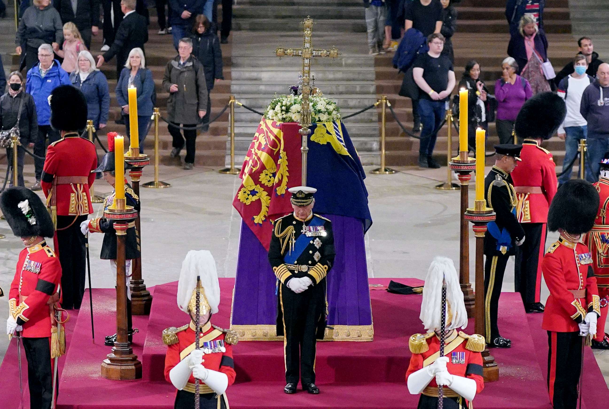 PHOTO: King Charles III attends a vigil around the coffin of Queen Elizabeth II, lying in state on the catafalque in Westminster Hall, at the Palace of Westminster in London on September 16, 2022.