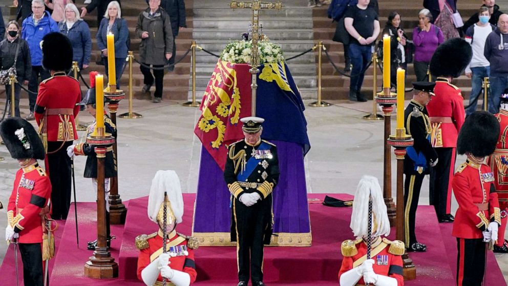 PHOTO: King Charles III attends a vigil around the coffin of Queen Elizabeth II, lying in state on the catafalque in Westminster Hall, at the Palace of Westminster in London on September 16, 2022.