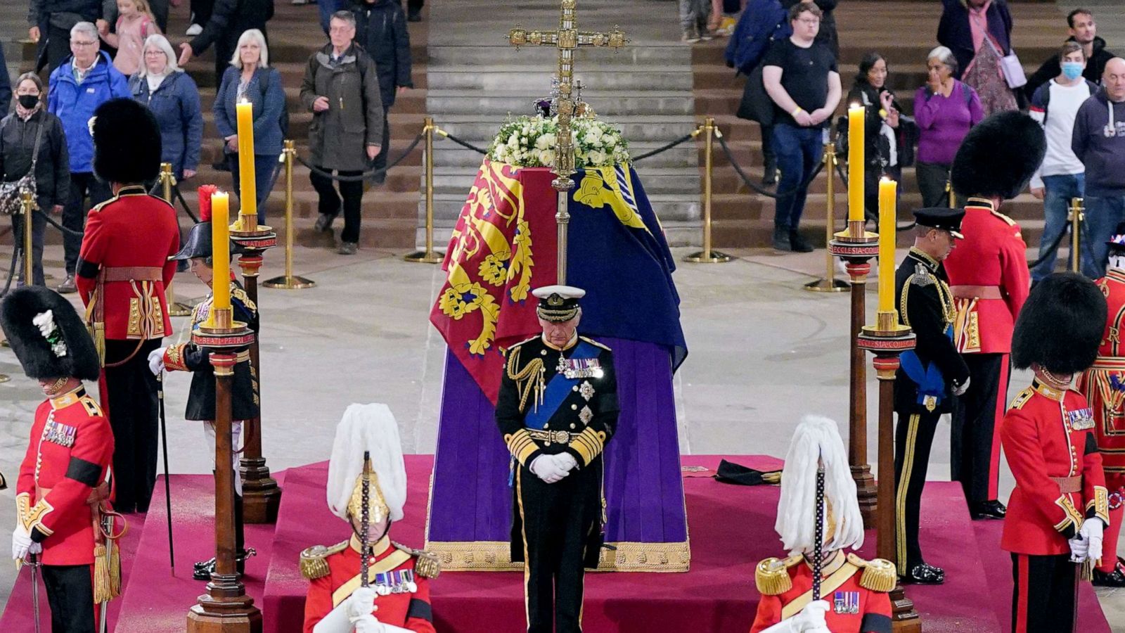 PHOTO: King Charles III attends a vigil around the coffin of Queen Elizabeth II, lying in state on the catafalque in Westminster Hall, at the Palace of Westminster in London on September 16, 2022.