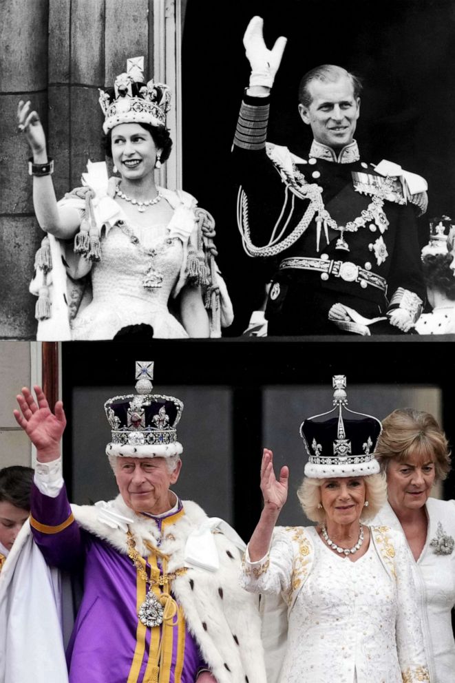 PHOTO: Split photo show Queen Elizabeth II and the Duke of Edinburgh wave at the crowds from the balcony at Buckingham Palace after Elizabeth's coronation, June 2, 1953, on top, and King Charles III and Queen Camilla