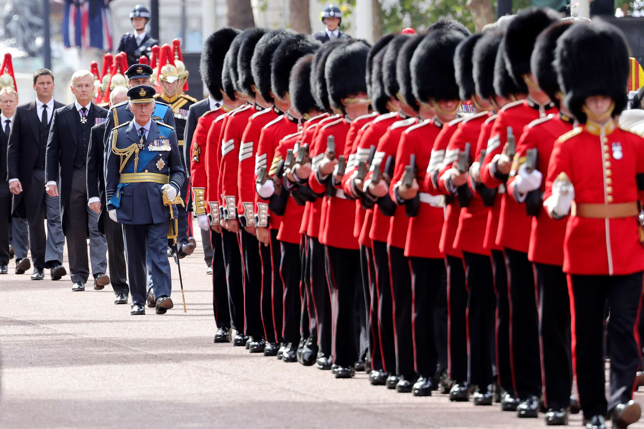 PHOTO: King Charles III walks in a procession behind the coffin of Queen Elizabeth II on Sept. 14, 2022, in London.