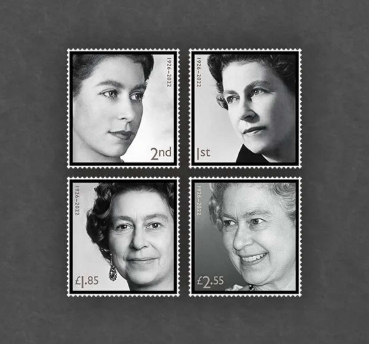 PHOTO: A special stamp issue presented in memory of Her Majesty The Queen which was approved by King Charles III and features one Second Class stamp, one First Class stamp, one £1.85 stamp and one £2.55 stamp.