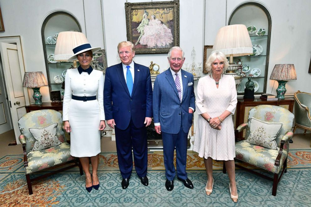 PHOTO: President Donald Trump and his wife Melania Trump are seen with Britain's Prince Charles and his wife Camilla, Duchess of Cornwall  in London, June 3, 2019. 