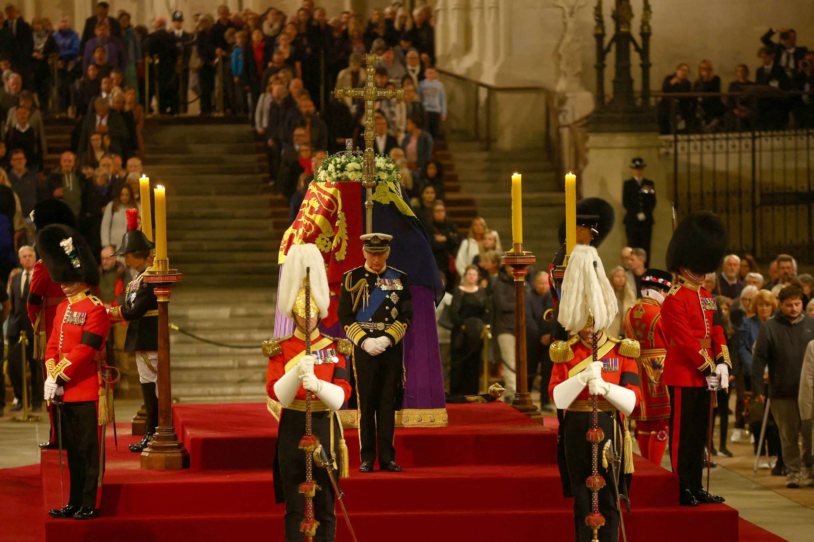 PHOTO: Britain's King Charles, Britain's Anne, Princess Royal, Prince Andrew and Prince Edward attend a vigil, at the coffin of Queen Elizabeth, at Westminster Hall, Sept. 16, 2022 in London, Britain.