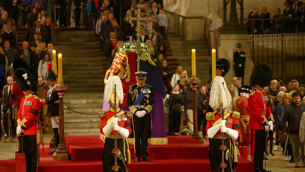 PHOTO: Britain's King Charles, Britain's Anne, Princess Royal, Prince Andrew and Prince Edward attend a vigil, at the coffin of Queen Elizabeth, at Westminster Hall, Sept. 16, 2022 in London, Britain.