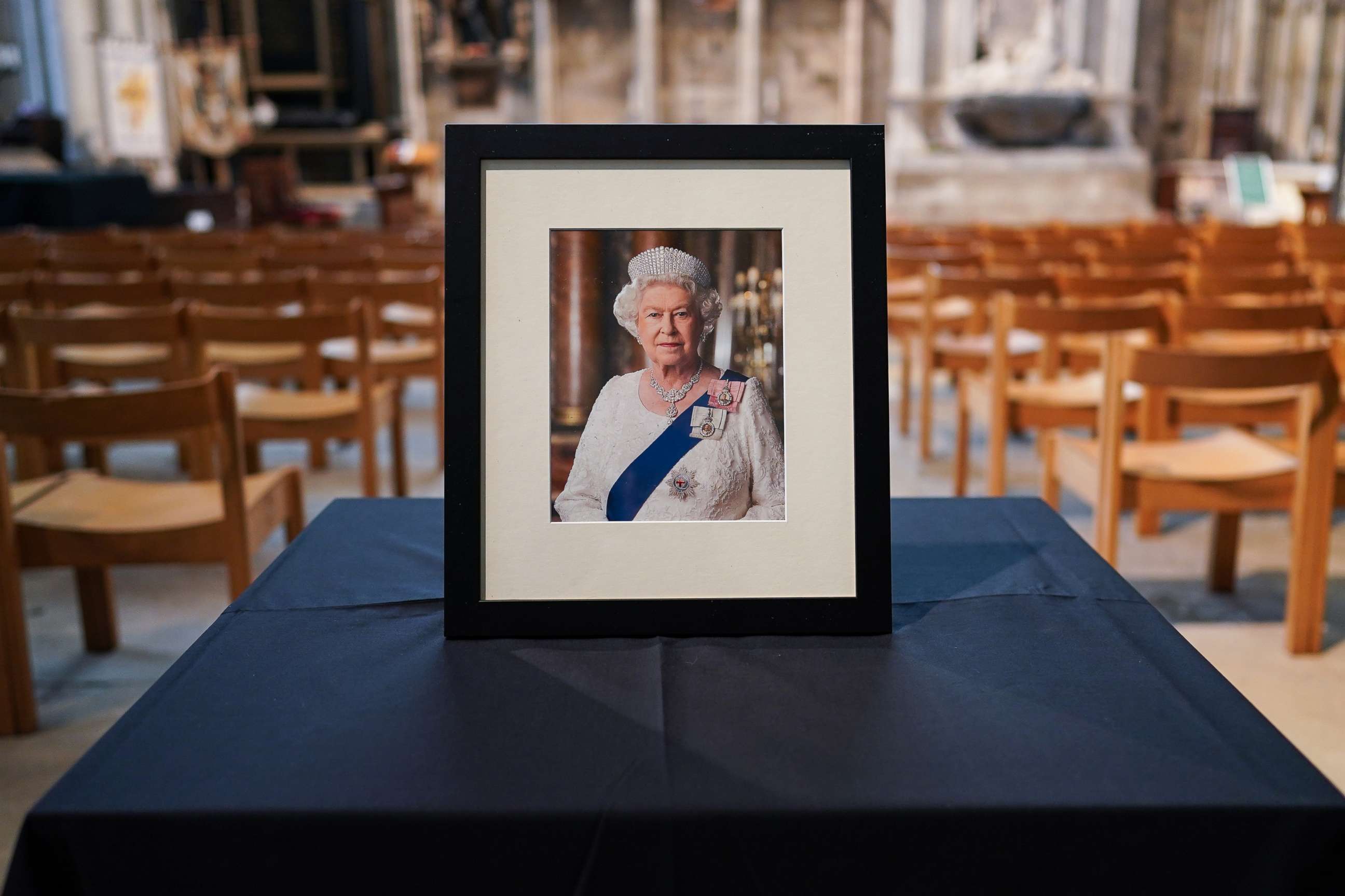 PHOTO: A portrait of Queen Elizabeth II is placed in York Minster on Sept. 9, 2022 in York, England.