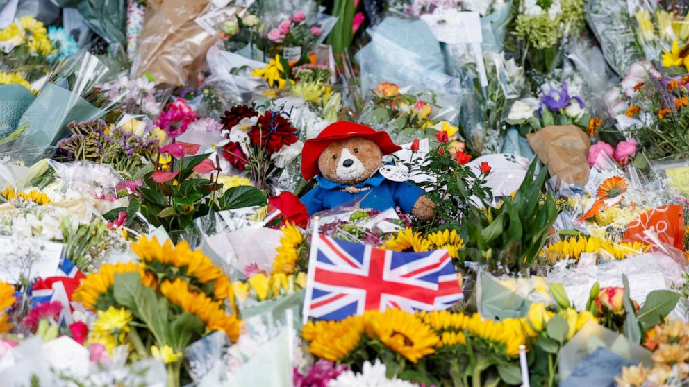 PHOTO: A Paddington Bear toy is placed among floral tributes at the Sandringham Estate, following the death of Britain's Queen Elizabeth, in eastern England, Sept. 13, 2022.