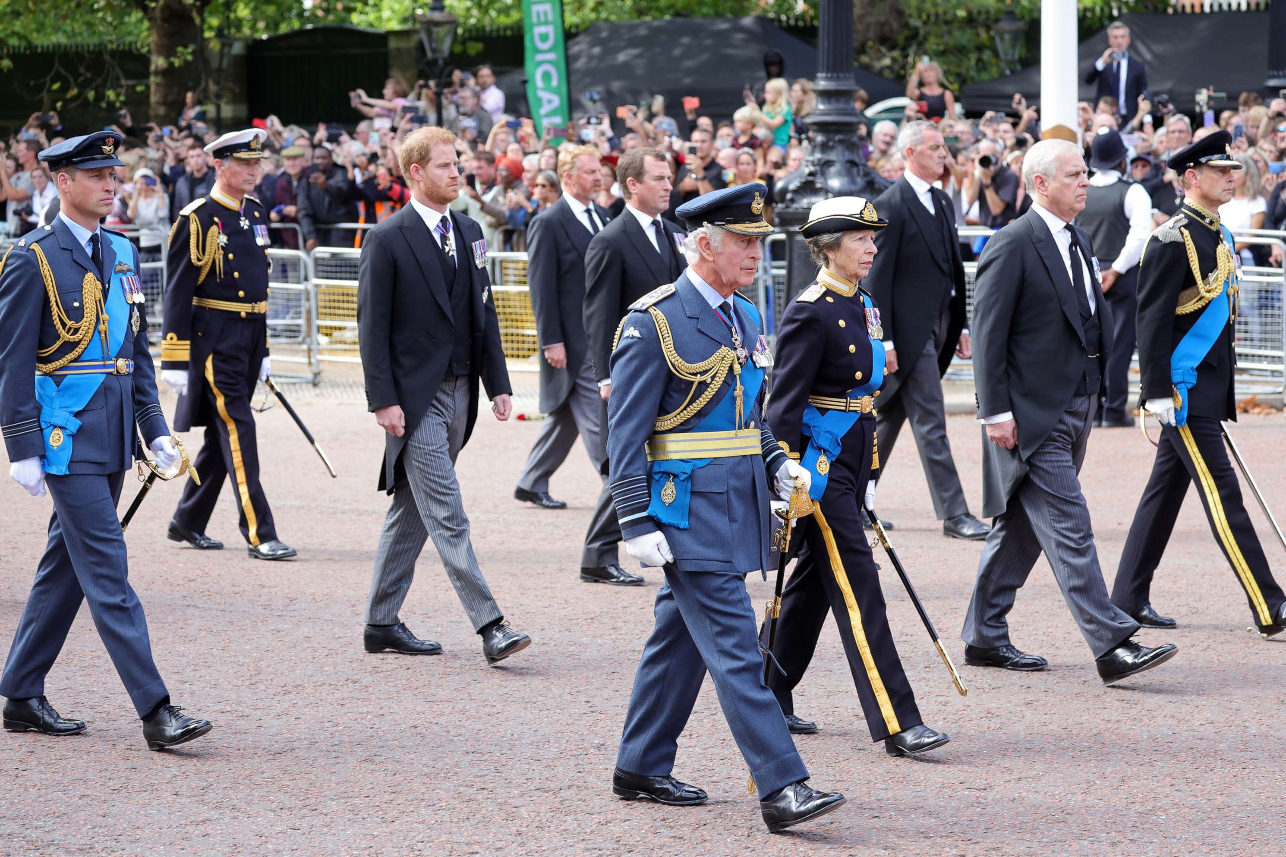 PHOTO: The royals walk behind the coffin during the procession for the Lying-in State of Queen Elizabeth II on Sept. 14, 2022 in London.