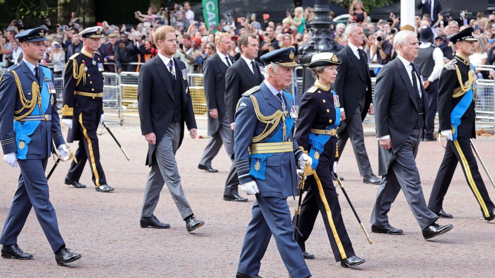 PHOTO: The royals walk behind the coffin during the procession for the Lying-in State of Queen Elizabeth II on Sept. 14, 2022 in London.