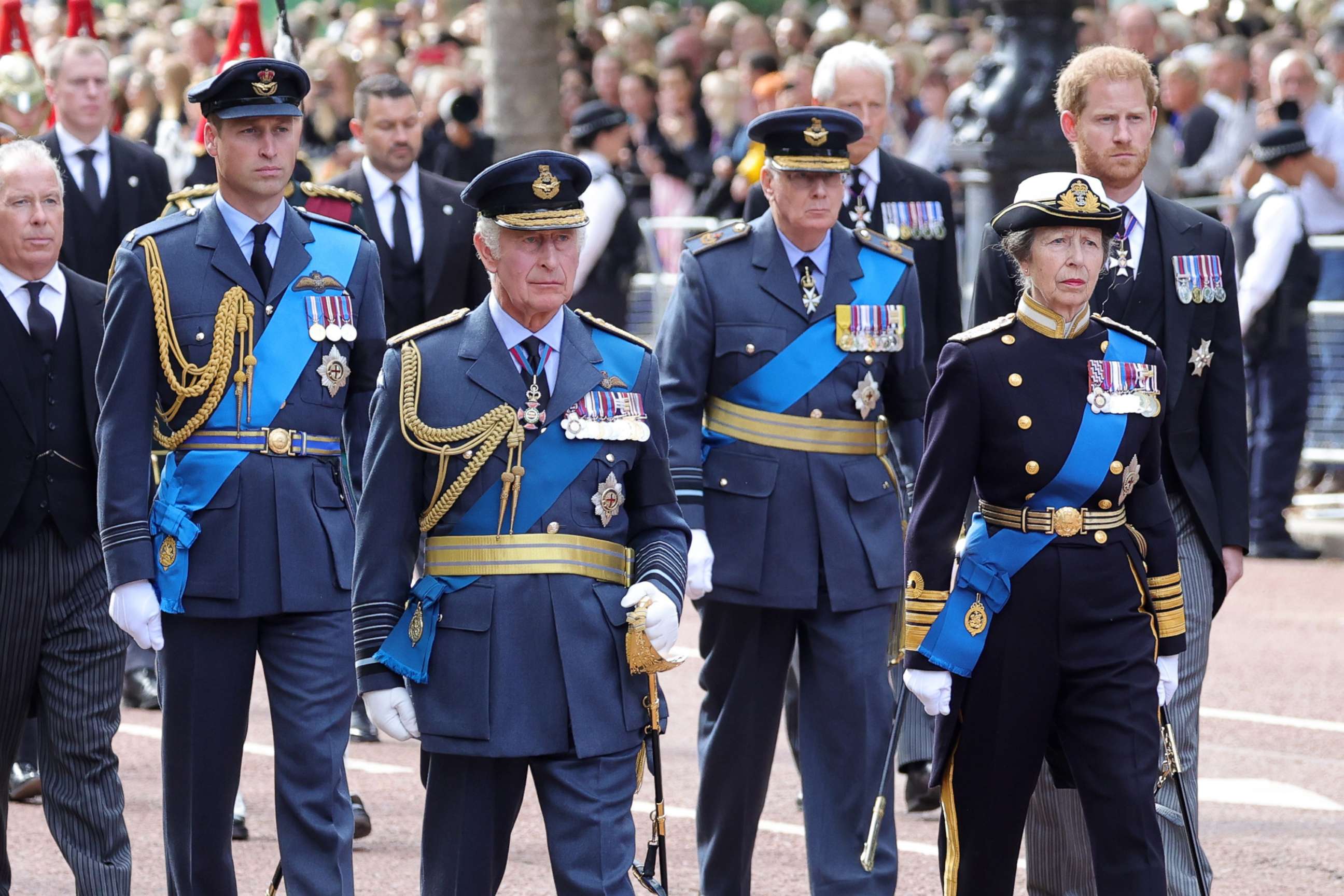 Prince William, King Charles III, Prince Richard, Duke of Gloucester, Princess Anne, Princess Royal and Prince Harry, Duke of Sussex walk behind the coffin during the procession for the Lying-in State of Queen Elizabeth II on Sept. 14, 2022 in London.
